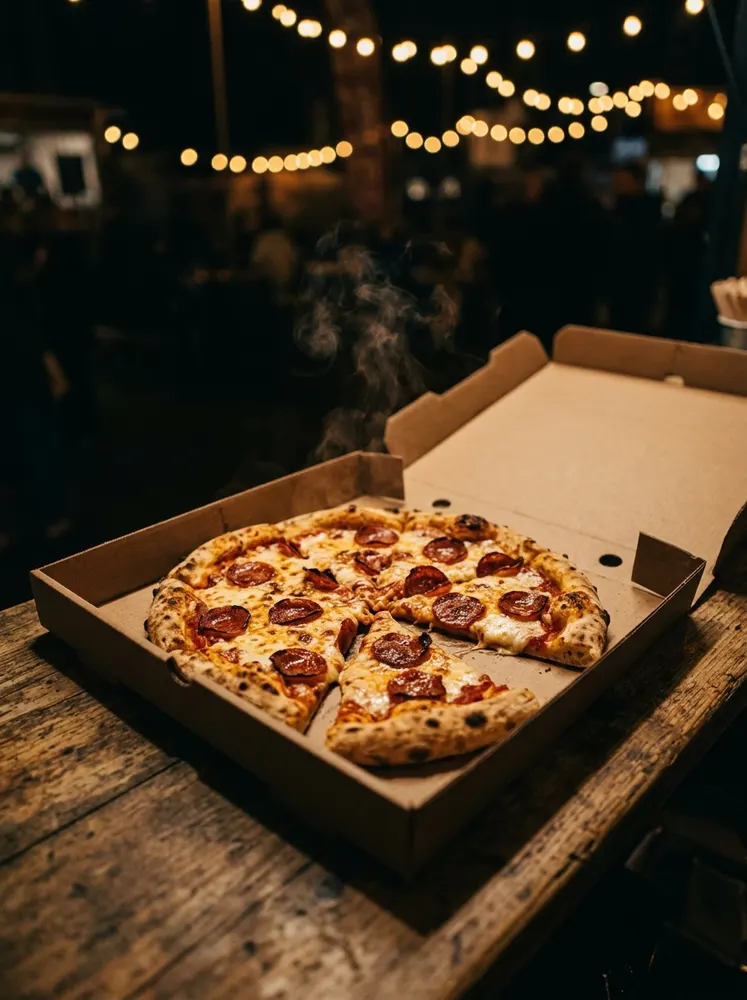 Sliced pepperoni pizza boxed up under festoon lights