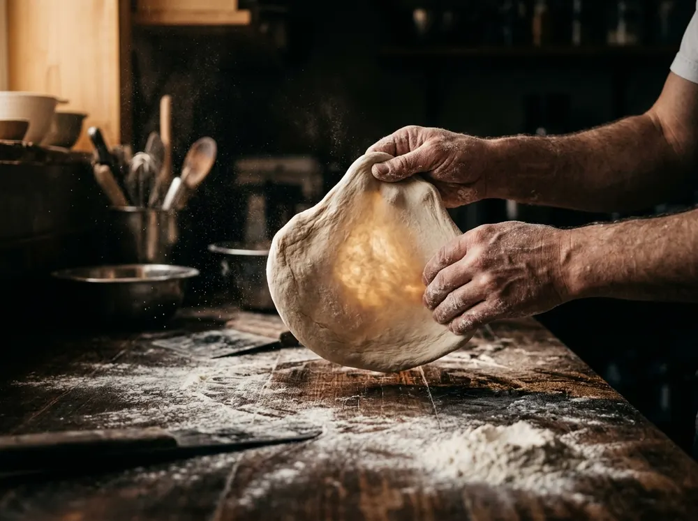 Hands stretching fresh dough in a cloud of flour