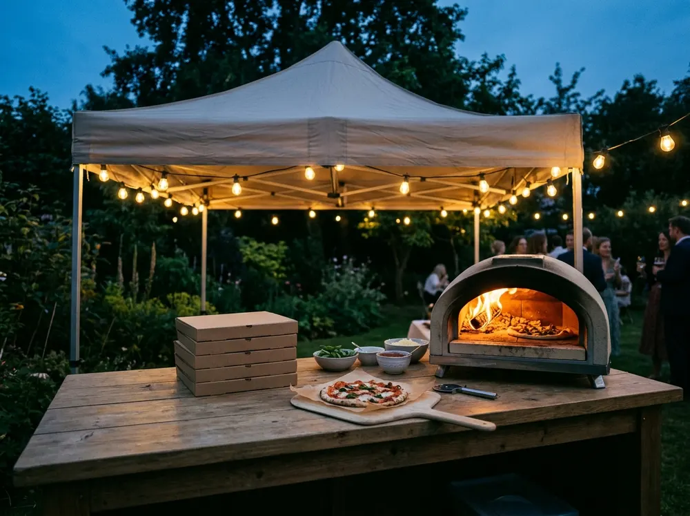 Our setup glowing at a garden party at dusk