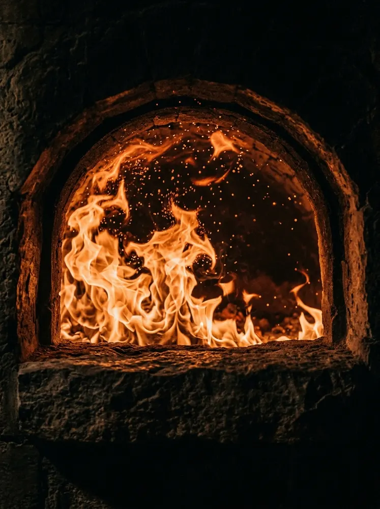 Flames curling inside the stone oven