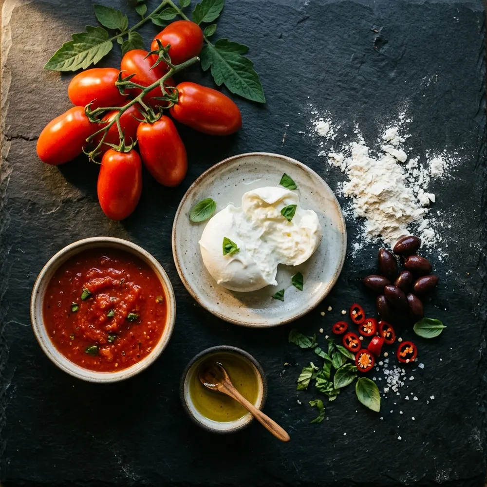 Fresh ingredients — tomatoes, mozzarella, olives, chillies